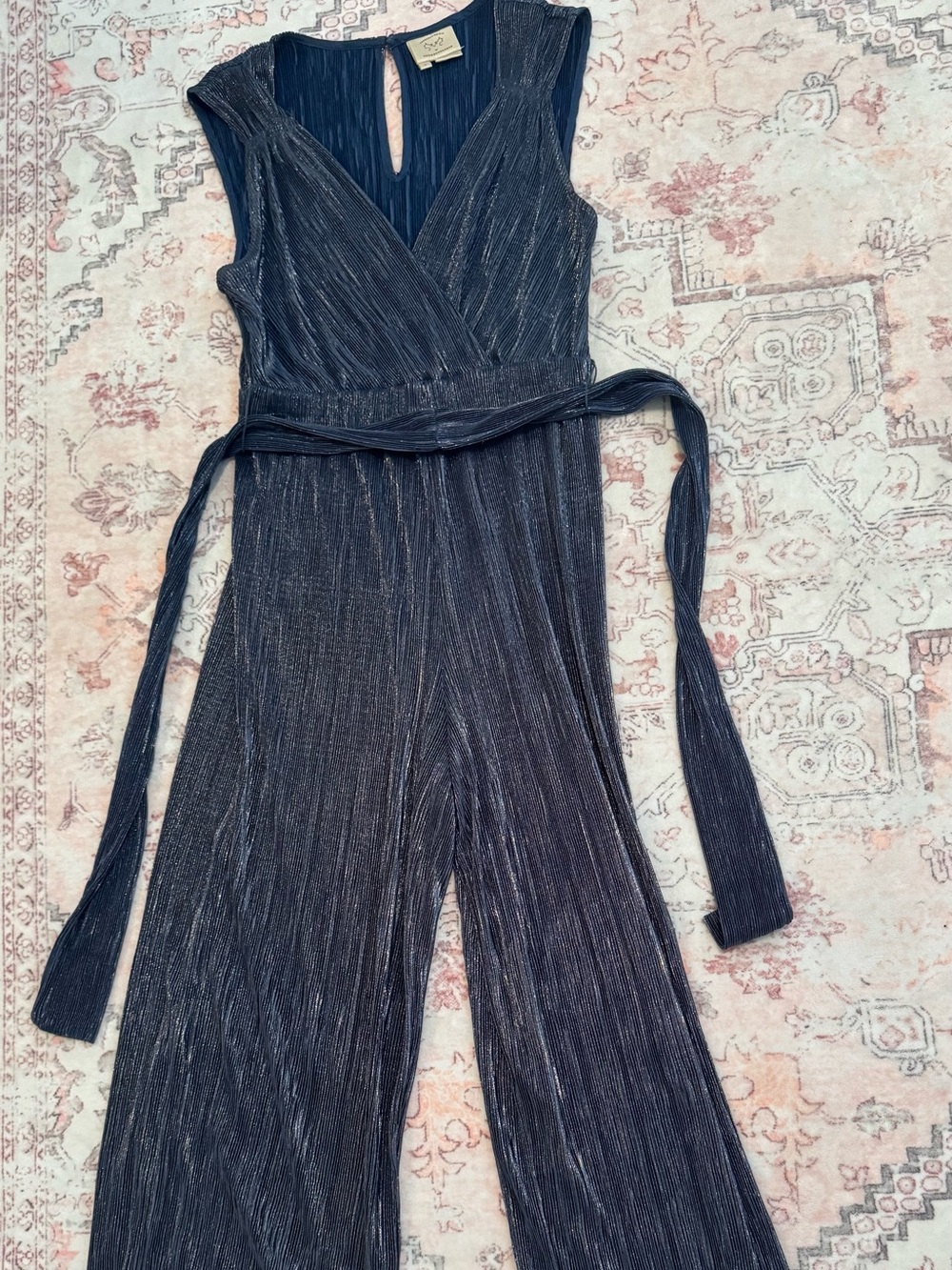 Anthropologie Metallic Navy Sleeveless Surplice Jumpsuit with Belt